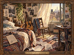 A sunlit bohemian apartment captures the restless warmth of Cecilia through an unmade bed, acoustic guitar, scattered sheet music, records, and a gently billowing curtain. Golden morning light, muted blues, rusts, and weathered wood create a bittersweet mood, rendered in richly textured watercolor, gouache, and ink within an ornate folk-inspired frame.
