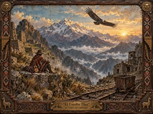 A solitary Andean traveler rests beside ancient stone terraces, gazing across mist-filled mountains as a condor soars toward the golden horizon. Weathered rails and a rusted mine cart contrast earthly hardship with open freedom. Rich ochres, slate blues, and warm sunlight enhance the textured, vintage oil-painted atmosphere.