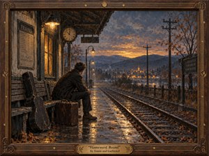 A solitary traveler sits on a rain-darkened rural station platform beside a worn guitar case and suitcase, gazing toward glowing village lights beyond converging tracks. Moody blues, grays, and autumn browns contrast with warm amber lamps and sunset. Textured oil-painting brushwork, misty mountains, scattered leaves, and an ornate folk-inspired wooden frame deepen the reflective, homesick atmosphere.