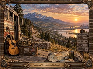 A richly detailed vintage travel scene unfolds at sunset, with a winding mountain road overlooking a shining river, bridges, railroad tracks, and a distant city beneath dramatic peaks. A weathered bus, guitar, luggage, map, compass, and thermos suggest restless travel. Golden light, earthy colors, handcrafted textures, and an ornate musical frame create nostalgic Americana.