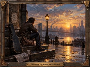 A weary traveler sits on rain-darkened stone steps overlooking a glowing city riverfront at sunset, his battered guitar case and duffel beside him. Warm gold light cuts through smoky blue-gray clouds, reflecting across wet pavement. Painterly realism, worn architecture, vintage details, and a rugged guitar-inspired frame create a mood of hardship, endurance, and guarded hope.