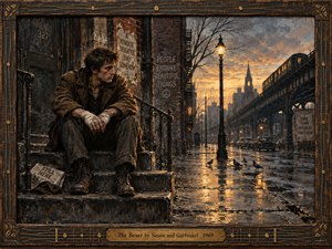 A weary young man with wrapped hands sits on a rain-darkened city stoop beneath a glowing streetlamp, framed by elevated tracks, brick tenements, pigeons, and distant church spires. Muted browns, blue-grays, and amber reflections create a melancholy, resilient mood in a richly textured oil-and-charcoal style with a distressed musical frame.