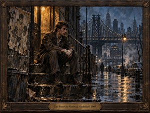 A weary, bandaged man sits on rain-darkened city steps beneath a warm doorway, gazing toward a vast bridge and glowing skyline. Deep blues, charcoal browns, and amber streetlights create a lonely, reflective mood. Painterly textures, wet pavement reflections, worn posters, vintage cars, and an ornate wooden frame evoke hardship, endurance, and urban isolation.