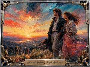 A windswept couple stands above a glowing city at sunset, embodying resilience, romance, and renewed energy. Thick oil-paint textures sweep across fiery orange, coral, blue, and gold skies. Chrome, guitar-string, vinyl, and microphone details form an ornate musical frame, while a polished engraved title plate anchors the composition.