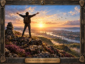 A lone traveler stands on a rugged flowered summit with arms raised toward a radiant sunrise above a misty river city. Warm gold, amber, blue, and violet light create an uplifting, triumphant mood. Cinematic realism, dramatic clouds, soaring birds, distant bridges, and an ornate music-inspired metal frame enrich the scene.