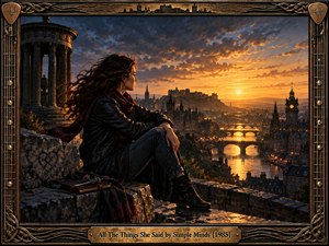 A windswept woman sits above a glowing historic city at sunset, gazing across bridges and rooftops toward a distant castle. Amber light cuts through stormy blue clouds, creating a reflective, yearning mood. Rich digital-paint detail, weathered stone, deep shadows, and an ornate bronze musical frame reinforce the dramatic 1980s atmosphere.