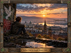 A solitary boy sits on a weathered stone wall overlooking Belfast at sunset, framed by glowing clouds, harbor cranes, church spires, brick rooftops, and distant hills. Warm amber light contrasts with cool blue shadows, while Celtic knotwork, shamrocks, a dove mural, and reflective puddles create a handcrafted, hopeful, contemplative atmosphere.