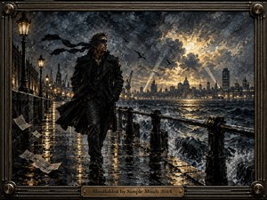 A blindfolded man strides along a rain-soaked waterfront as storm waves crash beside him and a distant city glows beneath turbulent clouds. Deep charcoal blues and warm amber lights create dramatic contrast. Thick expressive oil brushwork, reflective pavement, windblown papers, and a dark metallic frame intensify the restless, searching mood.
