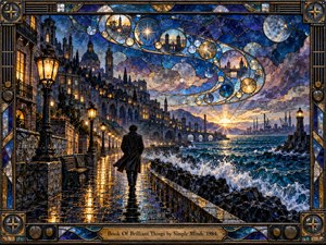 A solitary figure walks a rain-slicked coastal promenade toward a glowing horizon, surrounded by ornate city architecture and restless blue water. Jewel-toned stained glass forms the sky, framing luminous celestial circles and sweeping curves. Warm lamplight, deep cobalt shadows, reflective pavement, and intricate metalwork create a hopeful, dreamlike, contemplative atmosphere.