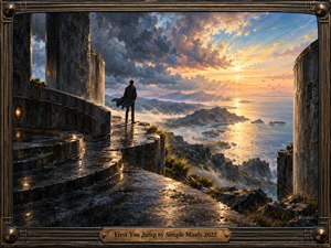 A lone figure stands on rain-darkened stone terraces above a sweeping island coast, facing radiant sunlight breaking through turbulent clouds. Deep charcoal architecture contrasts with glowing gold water, blue mountains, and misty valleys. Rich oil-paint textures, reflective surfaces, birds, and an ornate bronze frame create a dramatic, hopeful atmosphere.