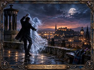 A moonlit city glows beneath stormy blue clouds as a dark-coated man dances with a luminous ghostlike woman on a rain-slick stone terrace. Warm amber lights, distant bridges, gothic towers, and a hilltop fortress contrast with her icy translucence. Ornate Celtic framing and tartan details deepen the romantic, mysterious 1980s atmosphere.