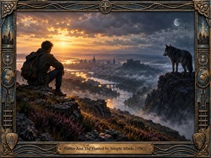 A lone traveler and watchful wolf overlook a misty river city beneath a dramatic sunset and pale moon. Warm gold light clashes with cool blue storm clouds, creating a tense, searching mood. Rugged rocks, distant towers, winding water, and an ornate weathered metal frame give the cinematic artwork depth, mystery, and grandeur.