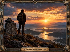 A lone traveler stands on a rocky overlook above a winding river and distant city, facing a radiant sunset beneath dramatic clouds. Warm gold light contrasts with cool blue mountains, creating an adventurous, reflective mood. Painterly realism, compass imagery, ornate metal framing, and a brass title plate reinforce movement, distance, and discovery.