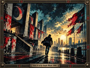 A lone figure strides along a rain-slick waterfront toward a glowing city sunset, surrounded by brutalist architecture, torn red banners, and industrial details. Teal, black, cream, gold, and crimson create urgent contrast, while distressed screenprint textures, dramatic reflections, and a metallic frame give the scene a rebellious late-1980s atmosphere.