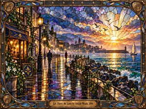 A luminous stained-glass waterfront promenade glows after rain, where two distant figures walk toward a radiant sunrise beyond the harbor. Deep blues, violet clouds, warm gold reflections, flowers, lamps, and rolling waves create hopeful romantic tension. Ornate brass framing and jewel-like glasswork give the scene handcrafted elegance and emotional warmth.