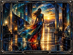 A lone woman in a flowing stained-glass dress walks through a luminous arched hall toward a glowing city sunrise. Deep blues, amber golds, reds, and turquoise shimmer across reflective floors and jeweled panels, creating an atmosphere of wonder, renewal, and mystery. Ornate metalwork, sweeping curves, and radiant light intensify the dreamlike grandeur.