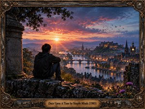 A solitary young man sits on a weathered stone overlook above a glowing river city at sunset. Warm orange light cuts through violet clouds, illuminating bridges, towers, and a distant fortress. The cinematic, painterly scene feels nostalgic and reflective, enclosed by an ornate bronze Celtic frame with engraved details and a central title plate.