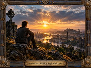 A solitary figure sits on rugged rocks above a grand river city at sunrise, watching golden light break through dramatic clouds. Bridges, towers, distant hills, and shimmering water create hopeful depth. Warm amber highlights contrast with cool blue shadows, while a richly ornamented bronze frame gives the cinematic painting a timeless, ceremonial character.