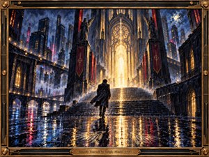 A lone figure strides across rain-soaked stone toward a radiant gothic sanctuary, framed by towering dark architecture and a distant city skyline. Golden light pours through the cathedral entrance, reflecting across wet pavement against deep blues and crimson banners. Painterly textures, mist, statues, and dramatic perspective create a solemn yet triumphant atmosphere.