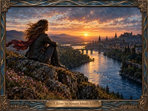 A windswept woman sits on a rocky overlook above a broad river glowing beneath a fiery sunset. The distant city, bridge, and hills create sweeping depth, while bronze and blue decorative framing adds musical elegance. Rich orange, teal, and earthy tones give the cinematic painterly scene a reflective, hopeful mood.