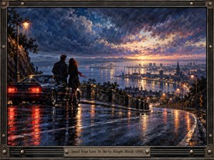 A couple stands beside a dark vintage car on a rain-slick overlook, facing a glowing harbor city beneath dramatic storm clouds and a fiery sunset. Warm streetlights and reflections trace the winding road, while deep blues, purples, and amber tones give the richly textured oil painting a romantic, urgent atmosphere.
