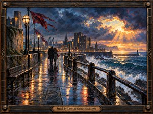 Two figures walk together along a rain-soaked seaside promenade as storm waves crash against iron railings. Warm lamps and golden sunlight pierce deep blue clouds, reflecting across wet stone. The oil-painted scene feels steadfast, romantic, and hopeful, framed in dark wood and bronze with windswept red banners.