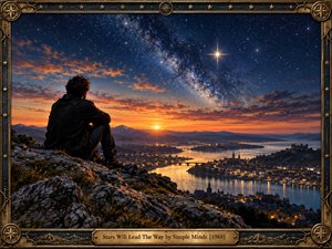 A solitary figure sits on a rugged cliff above a glowing riverside city, watching sunset fade into a vast star-filled sky. Deep blues, amber light, and silver constellations create a hopeful, reflective mood. Cinematic realism, dramatic depth, a radiant guiding star, and an ornate bronze celestial frame strengthen the sense of destiny and renewal.