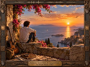 A contemplative traveler sits beside a weathered guitar on a stone terrace overlooking a glowing Mediterranean coast at sunset. Warm amber light, vivid bougainvillea, distant islands, sailboats, and a luminous sea create a nostalgic, hopeful mood. The cinematic realism, ornate musical frame, compass, maps, and title plate deepen the sense of memory and longing.