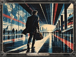 A lone traveler strides through a vast futuristic airport terminal toward a glowing distant skyline, carrying a dark duffel beneath dramatic converging beams. Deep blue, black, cream, red, and teal tones create restless momentum, while reflective floors, silhouetted crowds, world-map panels, gritty screen-print texture, and an industrial metal frame evoke early-1980s modernist tension.