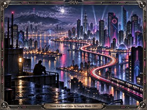 A lone figure overlooks a vast nocturnal metropolis of towers, bridges, waterways, and glowing transport lines. Neon magenta, blue, amber, and white reflections shimmer across rain-soaked surfaces and dark water. Cinematic lighting, sweeping curves, distant mountains, industrial docks, and futuristic architecture create a restless, expansive, contemplative urban atmosphere.