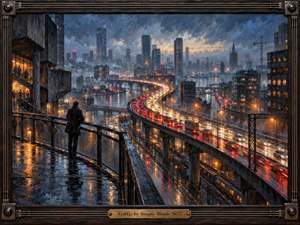 A solitary figure overlooks a rain-soaked city where elevated highways sweep through the scene in glowing ribbons of red and white traffic. Deep blue-gray towers fade into mist while warm streetlights shimmer across wet surfaces. Thick oil-paint textures, industrial framing, and moody dusk lighting create a reflective, restless atmosphere.