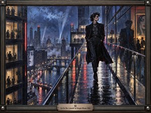A solitary figure strides along a rain-slick elevated walkway above a nocturnal city, surrounded by glass towers, distant crowds, and glowing reflections. Deep blues, charcoal blacks, crimson highlights, and warm windows create dramatic tension. Painterly textures, misty light, mirrored surfaces, and bold perspective evoke ambition, isolation, glamour, and restless urban energy.