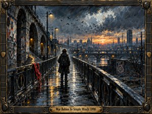 A solitary figure stands on a rain-slick bridge overlooking a sprawling industrial city beneath turbulent storm clouds. Cold blue-gray tones contrast with a narrow amber sunset, glowing lamps, and shimmering reflections. Expressive oil brushwork, birds, rail lines, weathered architecture, a red scarf, and a distressed musical metal frame deepen the brooding atmosphere.