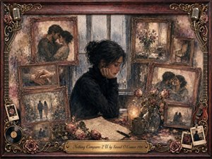 A grieving woman sits before a rain-streaked window, surrounded by faded framed memories of love, wilted roses, photographs, and handwritten pages. Warm sepia, burgundy, charcoal, and muted gold tones create a tender, melancholic mood. Painterly oil, acrylic, and watercolor textures blend softly within an ornate rosewood frame decorated with musical details.