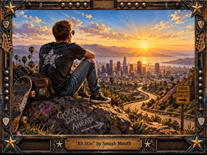 A young skateboarder sits above a sprawling city, watching golden sunlight spill across mountains, water, and winding roads. His relaxed figure anchors the left foreground against blue skies and amber clouds. This richly textured, cinematic illustration radiates optimism, framed by weathered guitar hardware, metallic stars, and an engraved brass plaque.