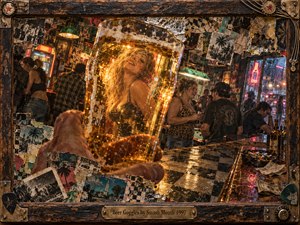 A crowded 1990s dive bar glows beneath amber lights and red neon as a beer glass transforms an ordinary woman into a glamorous vision. Torn posters, checkerboard floors, scattered bottles, and smoky shadows create nostalgic chaos. Rich collage textures and a weathered wooden frame capture intoxication, distorted perception, and fleeting romance.