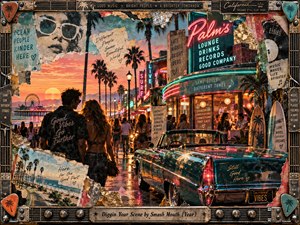 A couple strolls along a lively coastal boulevard at sunset, where palm trees, neon lounges, and a turquoise convertible glow against coral skies. Torn posters, vintage photographs, and metallic textures create a nostalgic collage. Warm reflections and a guitar-inspired frame capture the playful, romantic energy of California nightlife.