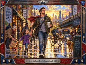 A cheerful young man with a windblown red scarf leads a smiling girl through a rain-slick city street at sunset. Golden reflections shimmer beneath bustling pedestrians, bicycles, and glowing storefronts. Warm acrylic brushwork and vibrant blues and oranges celebrate ordinary kindness, enclosed in a guitar-themed frame with an engraved title plate.