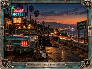 A turquoise vintage convertible waits beside a neon motel on a winding California coast at dusk. Its open door, fluttering scarf, and roadside map suggest an impulsive escape. Orange twilight illuminates distant city lights as glowing highway trails sweep toward the horizon. Weathered chrome framing adds cinematic rock nostalgia.