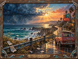 A weathered red car rests beside a winding coastal road as storm clouds retreat before a brilliant golden sunset. Turquoise waves crash against rocky cliffs while seabirds soar overhead. A glowing roadside motel adds nostalgic warmth. Rich acrylic brushwork, dramatic lighting, and a guitar-inspired wooden frame evoke resilience and hope.