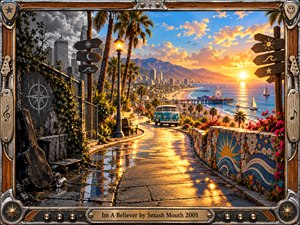 A winding coastal promenade transforms from stormy gray shadows into radiant golden sunlight. Palm trees, a vintage van, sailboats, and colorful mosaics surround a sparkling ocean beneath dramatic clouds. Richly detailed digital artistry captures joyful transformation and optimism, enclosed within an ornate wooden and metallic frame featuring musical decorations.