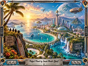 A radiant futuristic coastal city rises above turquoise bays beneath a glowing sunset and enormous blue planet. Palm trees, waterfalls, sailboats, and distant friends create a cheerful, hopeful atmosphere. Rich digital painting combines tropical beauty, imaginative architecture, and vibrant colors, surrounded by an elaborate chrome guitar-inspired decorative frame.