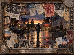 A lone backpacked figure walks across a rain-slick school courtyard at sunset, surrounded by torn yearbook photographs, handwritten memories, dance posters, and weathered keepsakes. Amber reflections shimmer beneath a dusky blue sky, creating bittersweet nostalgia. Layered mixed-media textures fill the composition, enclosed by an ornate wooden and metal musical frame.