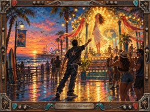 A vibrant acrylic painting depicts a seaside boardwalk at sunset, where a young man reaches toward a radiant woman crowned by carnival lights. Palm trees, a Ferris wheel, and dancers surround them. Golden and turquoise reflections shimmer across wet planks, enclosed by an ornate guitar-inspired frame and engraved title plate.