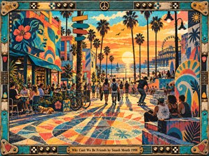 A lively seaside boardwalk stretches toward a glowing sunset, crowded with skaters, cyclists, and cafe visitors beneath silhouetted palm trees. Bold turquoise, coral, and golden inks shape colorful murals and patterned pavement in a textured screenprint style. A Ferris wheel and guitar-inspired metal frame complete the cheerful, communal scene.