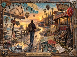 A lone traveler walks down a winding seaside road toward a golden sunset, past palm trees, a departing bus, and a shuttered diner. Torn photographs, a paper boat, forgotten toys, and a faded balloon evoke bittersweet misfortune. Warm orange and teal collage textures glow within a weathered guitar-themed frame.