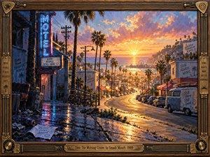 A vibrant acrylic painting captures a coastal town awakening at sunrise. Golden light floods a winding street lined with palm trees, vintage cars, and weathered storefronts, while blue motel neon lingers over wet pavement. Dramatic pink clouds, ocean reflections, and an ornate guitar-inspired frame evoke nostalgic optimism after darkness.