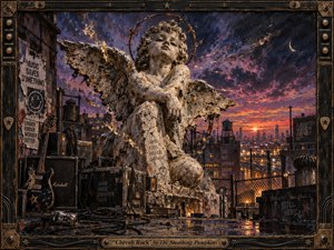A monumental cracked cherub statue broods over a gritty rooftop at sunset, surrounded by guitars, amplifiers, tangled cables, torn posters, and a glowing city skyline. The composition feels defiant and nostalgic, with dramatic purple-orange skies, wet reflective surfaces, and richly textured mixed-media brushwork framed by distressed rock-inspired ornament.