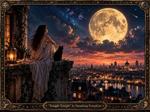 A contemplative woman in a flowing ivory gown sits with a black cat on an ivy-covered rooftop above a glowing nighttime city. A colossal golden moon dominates the star-filled sky, surrounded by luminous clouds and meteors. Warm lantern light contrasts with deep blue shadows, creating a romantic, cinematic, dreamlike atmosphere within an ornate celestial frame.