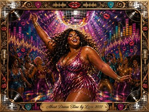 A radiant woman dances beneath a glittering disco ball, surrounded by cheering partygoers, confetti, glowing equalizer patterns, and vivid nightclub lights. Rich magenta, purple, teal, gold, and chrome tones create a joyful, empowering mood. Expressive acrylic textures, sparkling reflections, ornate musical framing, and the engraved title plate complete the celebratory composition.